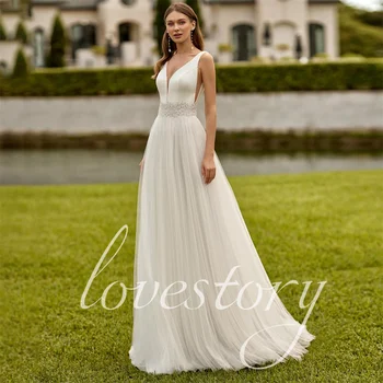 Mulheres A linha até o chão Vestidos de casamento, Vestidos de Noiva Vintage com Pescoço V, Sexy Costas Abertas, Sem Mangas, Robes