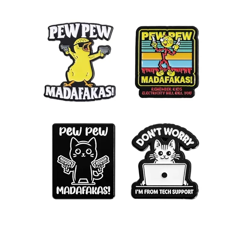 PEW PEW MADAFAKAS!Brooch Enamel Pins Custom Cute Chicken Cat Killer With Guns Brooch Lapel Badges Funny Jewelry Gift Accessories