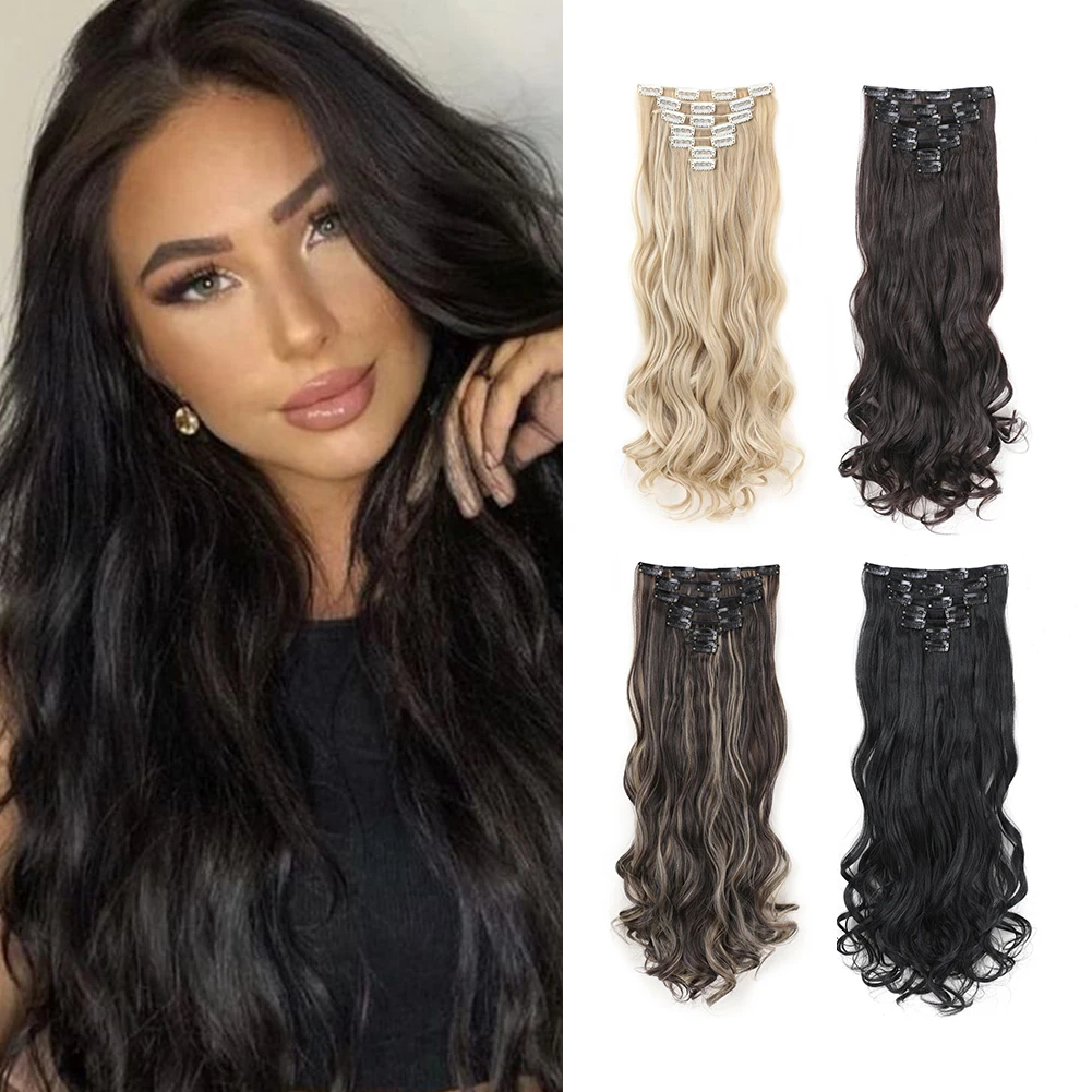 Clip in Hair Synthetic Extensions 22inch, 7PCS Natural & Soft Hair & Blends Well Lonng Wavy Hairpiece For Women