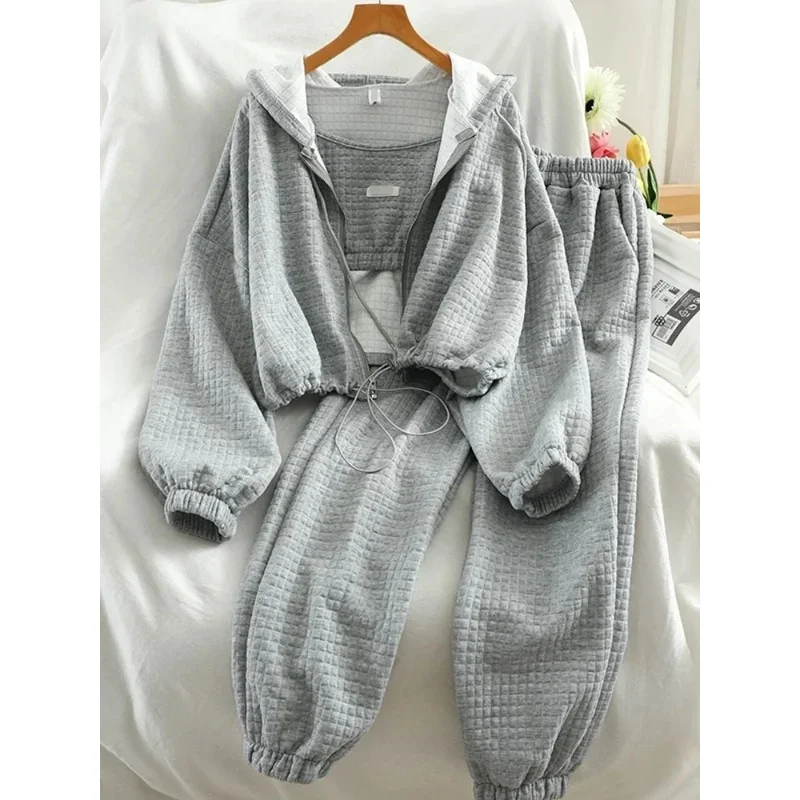 

Waffle sportswear casual sweatshirt suit women's spring autumn loose hooded cardigan coat wide-leg pants three-piece tracksuit