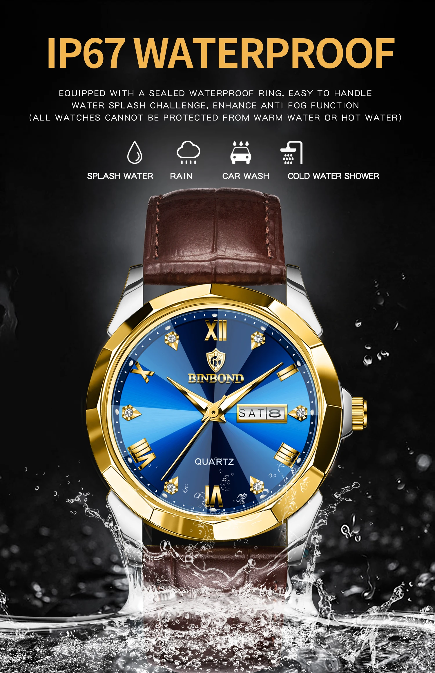 BINBOND Original Auto Date Week Display Men's Watch Reloj Hommes Leather Quartz Watches For Men Luxury Luminous Waterproof +Box