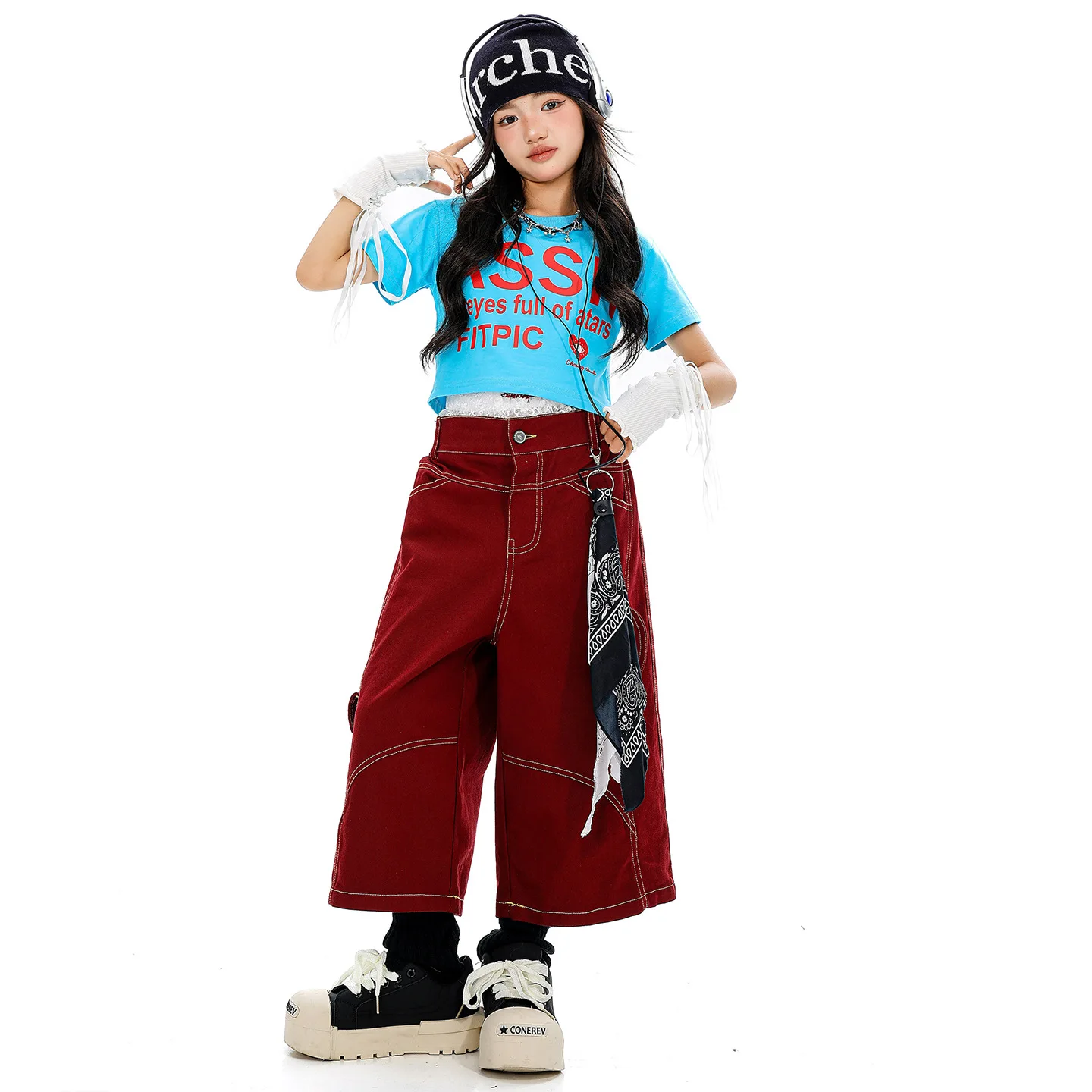 Enfant Kpop Hip Hop vêtements bleu culture t petit haut vin rouge décontracté jambe large poche Capri pantalon pour filles Jazz danse Costume vêtements