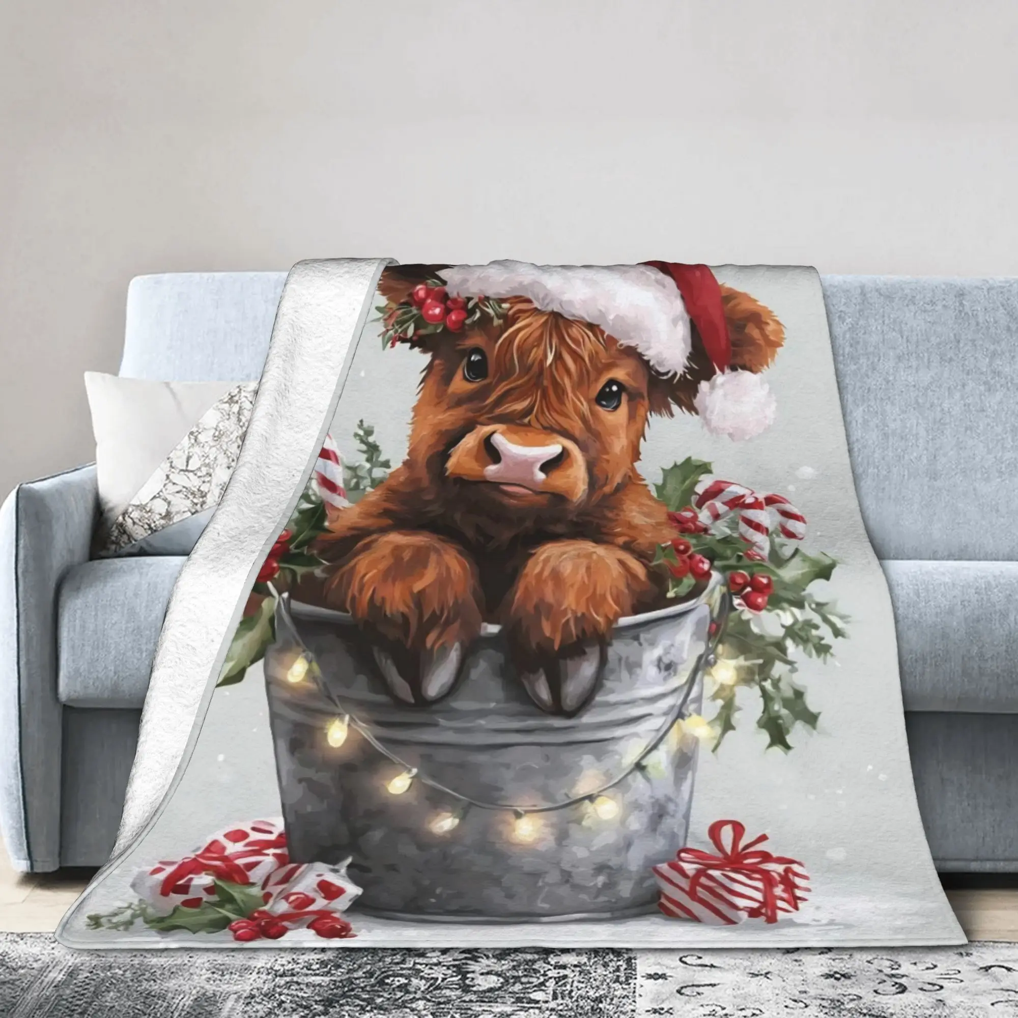 Christmas Highland Cow Blanket Cover Flannel  Super Soft Throw Blanket for Bedroom Sofa Bedspread