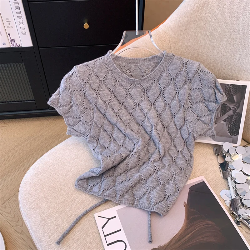 Women's Slim Fit Short Sleeve Knitted Top Back Strap Hollow out Diamond Pattern Summer New Style Breathable Fashionable Top