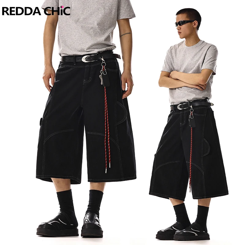 

REDDACHiC Contrat Seam Black Jean Shorts Men's Jorts Patchwork Retro Barral Wide Leg Bermuda Short Pants Summer Cargo Workwear