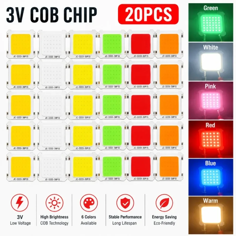 6 Light Colors 20PCS/lot 3V LED COB Integrated Chip High Brightness Spotlight Tube Light Portable Camping Light Bulb Accessories