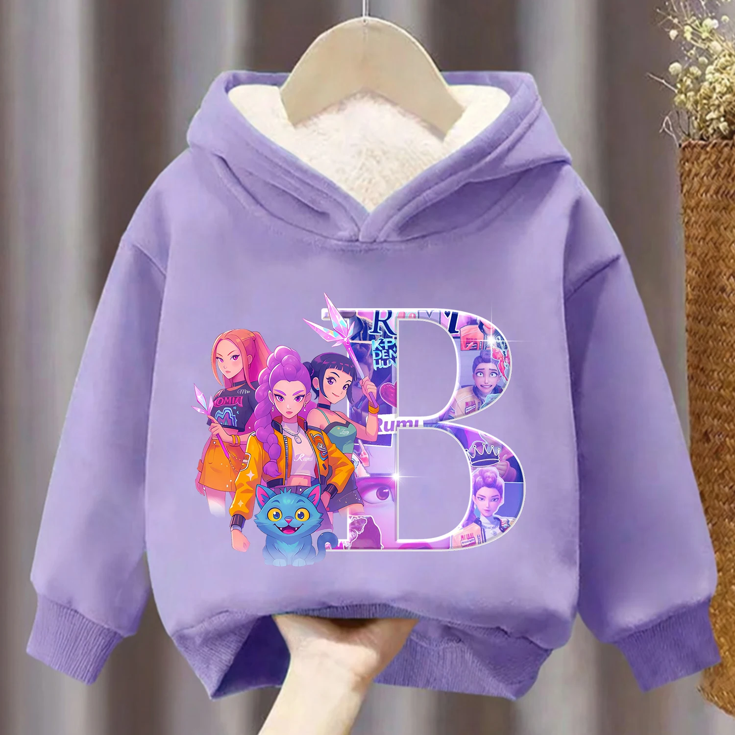 Sudadera con capucha gruesa Kpop Demon Hunters para niños, ropa de dibujos animados, sudadera polar para niña, ropa con capucha cálida de invierno púrpura, regalo para chico