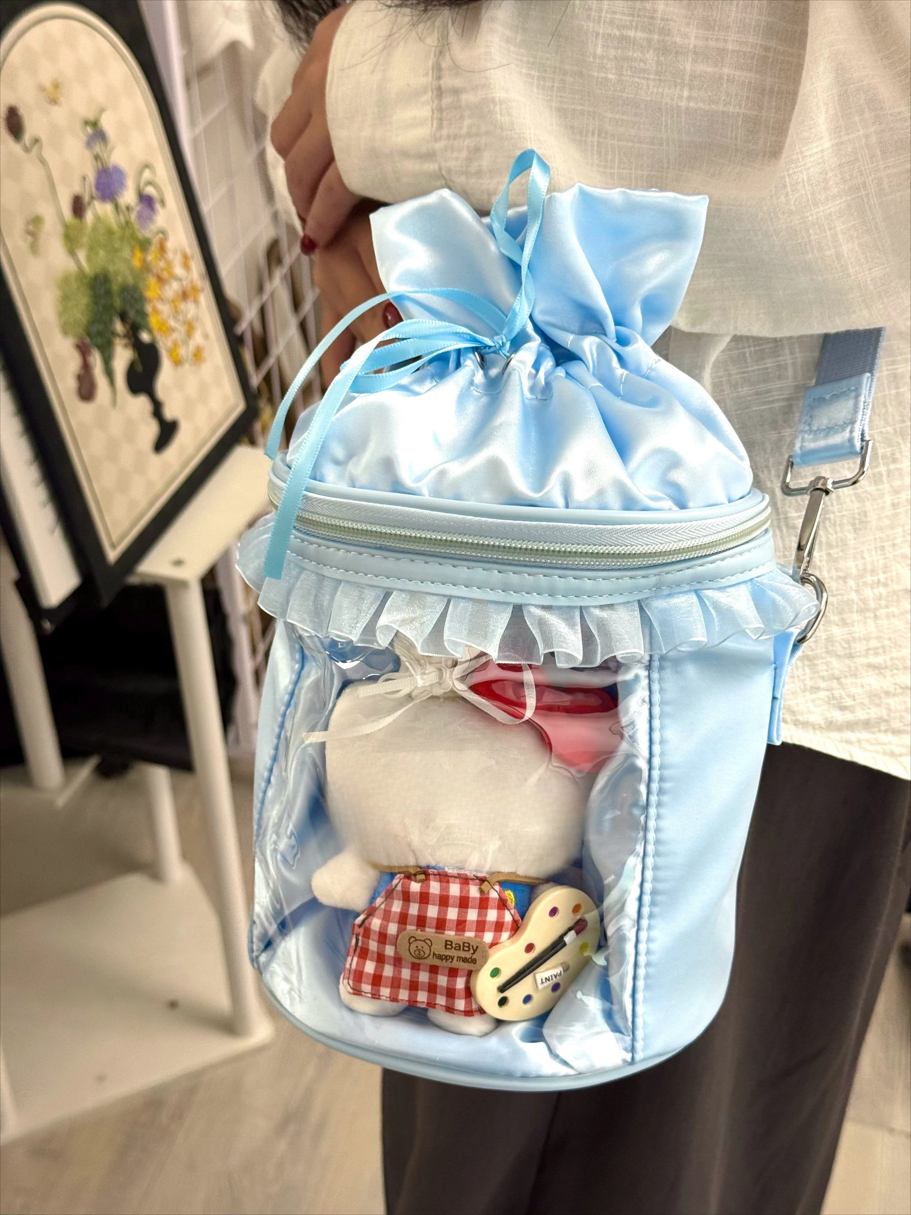 Sweet Lolita Ita Bag Women Satin Cylinder Crossbody Bag Ruffle Lace Window Drawstring Kawaii Doll Display Shoulder Bag for Girls
