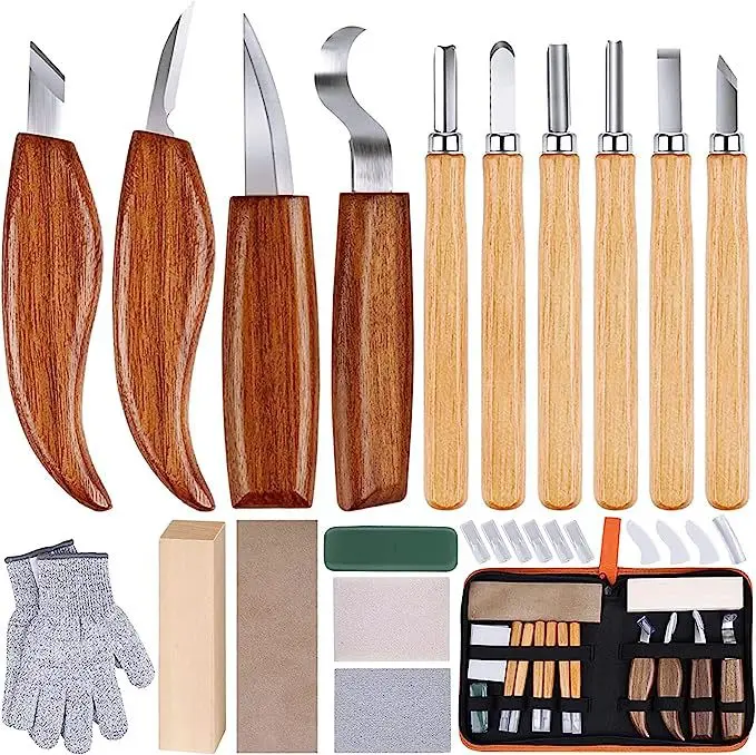 Wood Carving Tools Set Curved Straight Knife Hand Carving Pattern Whittling Tools Woodworking Craft Kit