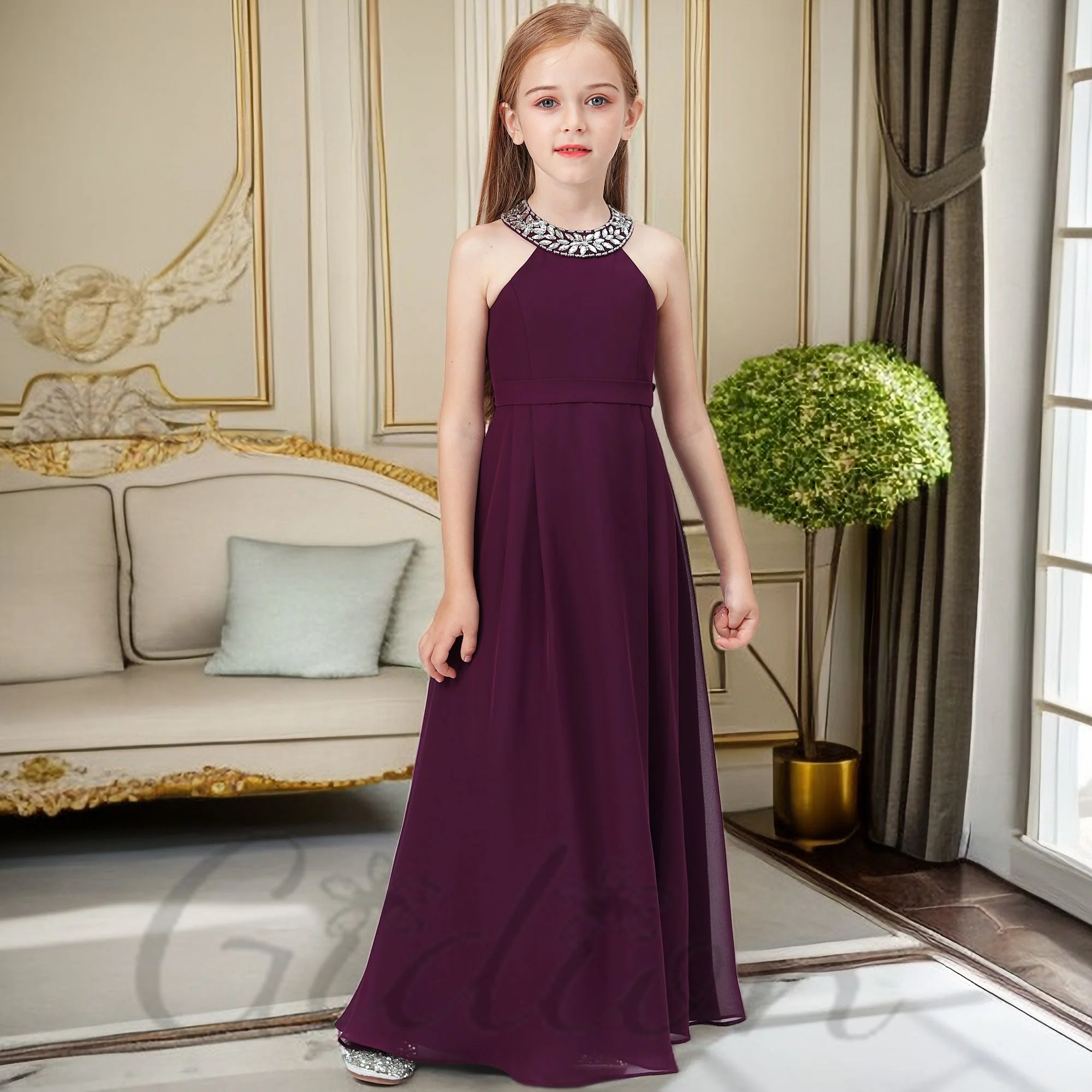 Robe de Demoiselle d'Honneur en Mousseline de Soie, Longueur au Sol, Ligne A, pour Enfant, Soirée, Anniversaire, Cérémonie, Bal, Concours, Bal