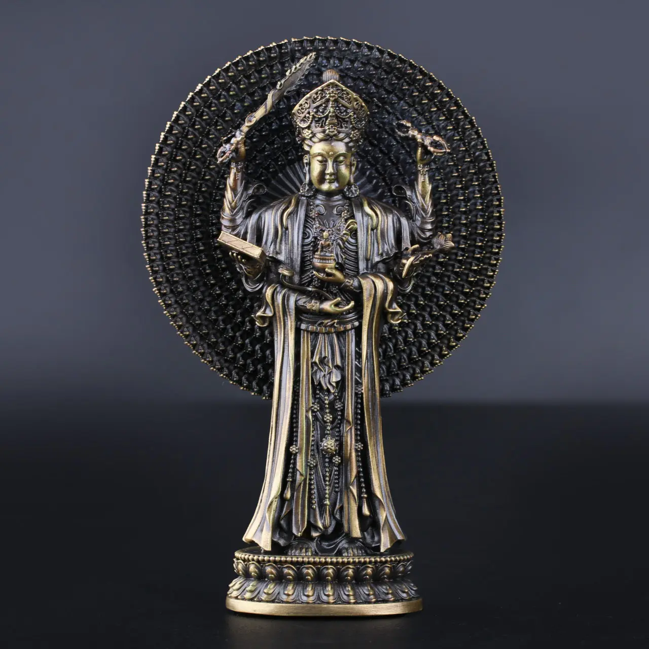 Brass Manjushri Statue 12 cm Thousand Arms and Bowls Design Vintage Buddhist Home Altar Decor, Ceremonial Religious Accessory