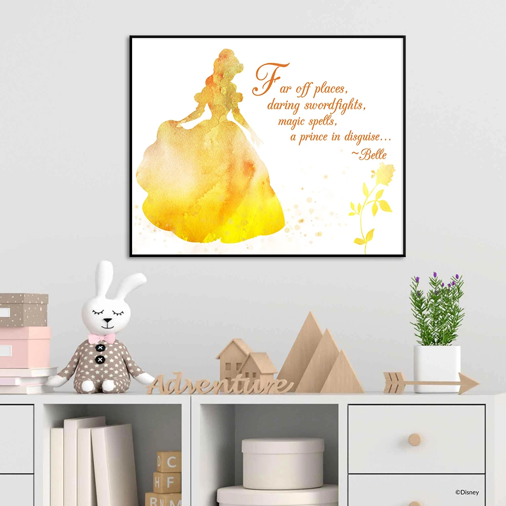 

Belle Quotes Canvas Painting Print Disney Princess Abstract Poster Modern Wall Art Golden Picture Kids Room Home Decor Cuadros