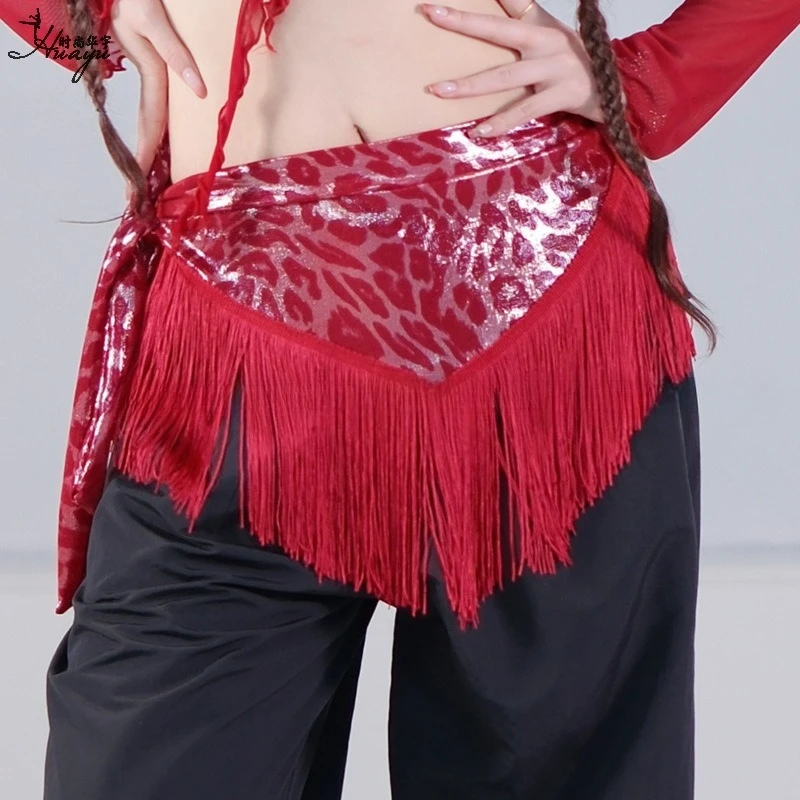 벨리댄스 힙 타월 레오파드 프린트 프린지 웨이스트 체인 연습 무대 공연 벨트