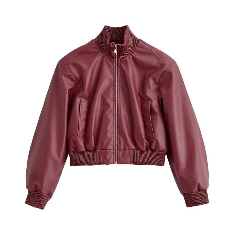 Women's Leather Jacket With Button New 2026 Autumn High-Neck Long Sleeve Pocket Woman Winter Jacket Female Coats