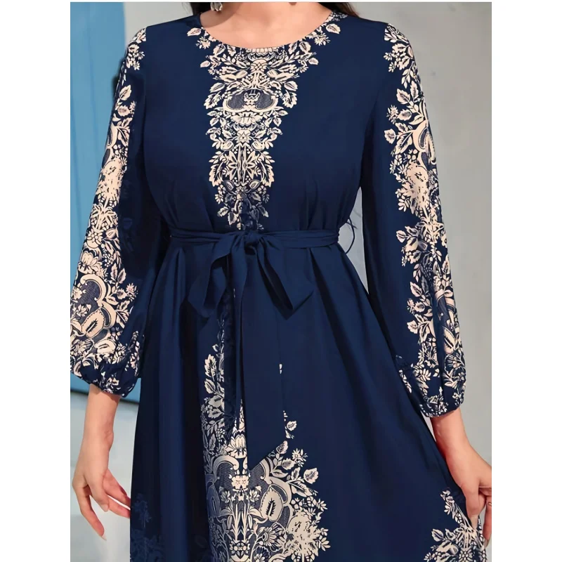 Cross-Border Real Shot Hot Sale Top-Selling Product Fashion Digital Printing Long Sleeve Long Dress Middle East Dress