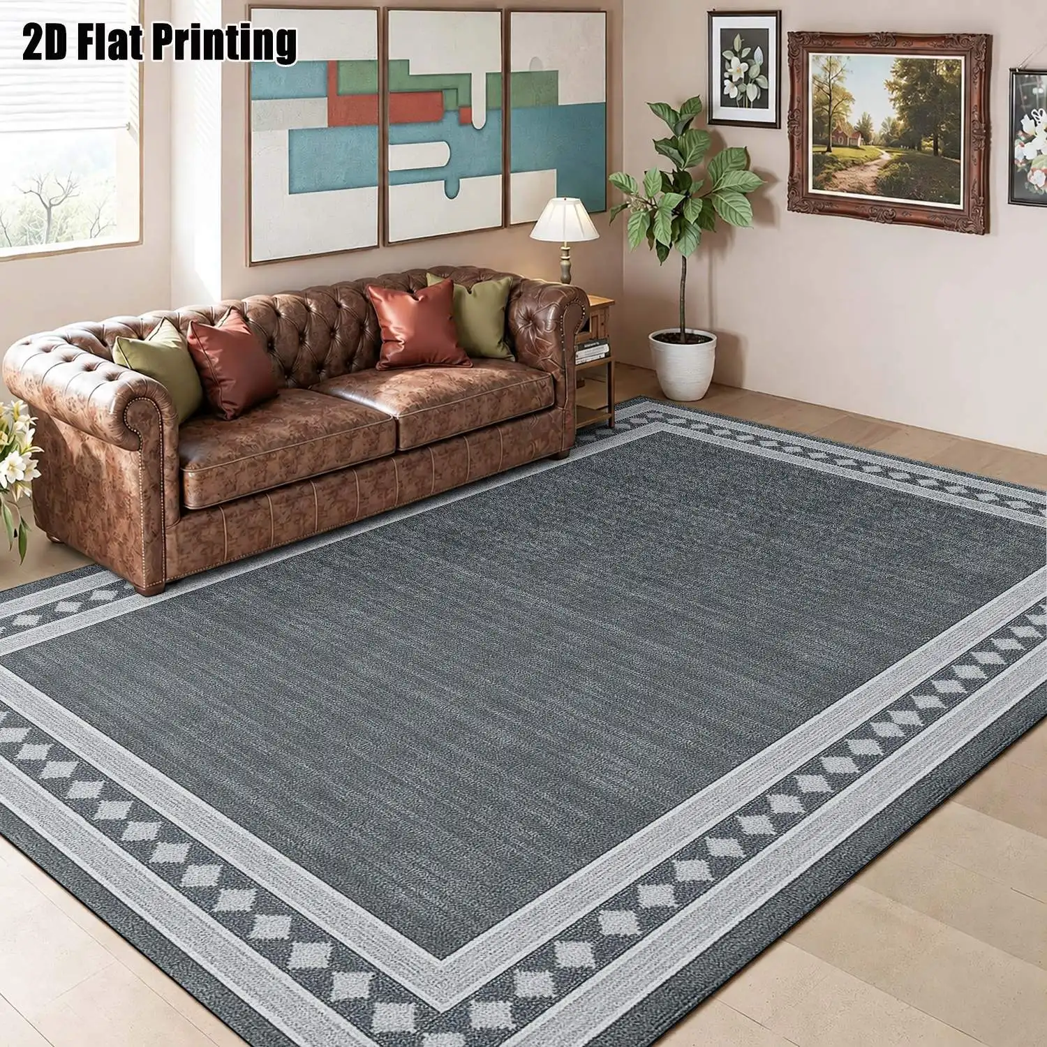 1Pc 2D Printed Nordic Modern Minimalist Geometric Border Carpet, Machine Washable, Multi-Size, Suitable for Home Decor, Entrance, Dining, Bedroom, Living Room