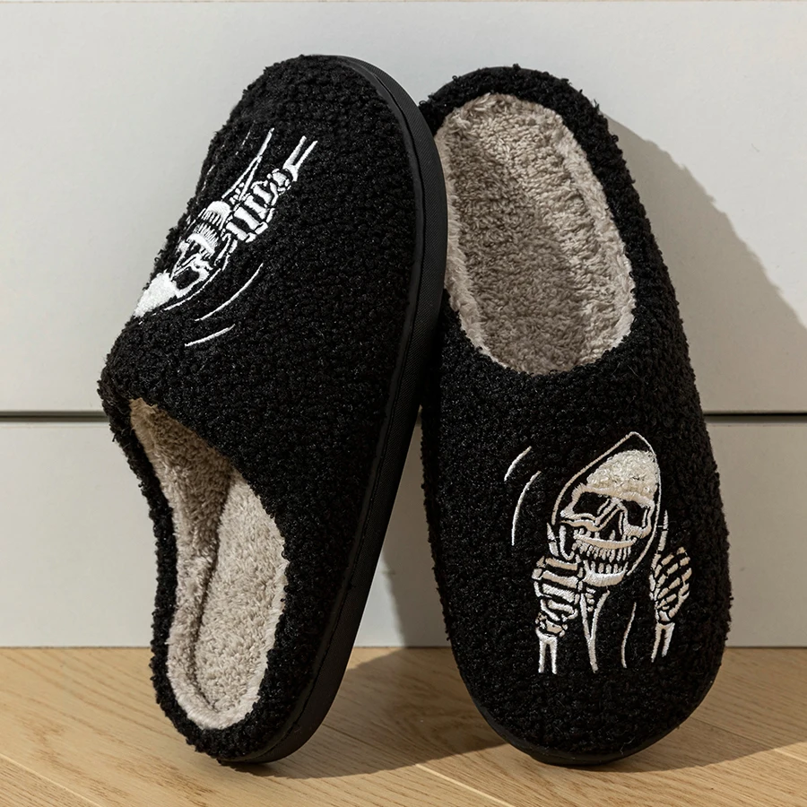 Fashion Halloween Skeleton Ghostface Couple Winter Women Cotton Slippers Toe Wrap Warm Indoor Mute Non Slip Floor Flat Shoes