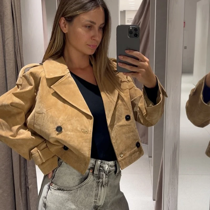 HXAO Wildleder-Trenchcoat für Damen, kurzer Mantel, Kunstleder, Damenjacke, Demi-Saison, langärmelig, zweireihig, Knopfleiste, Windjacke