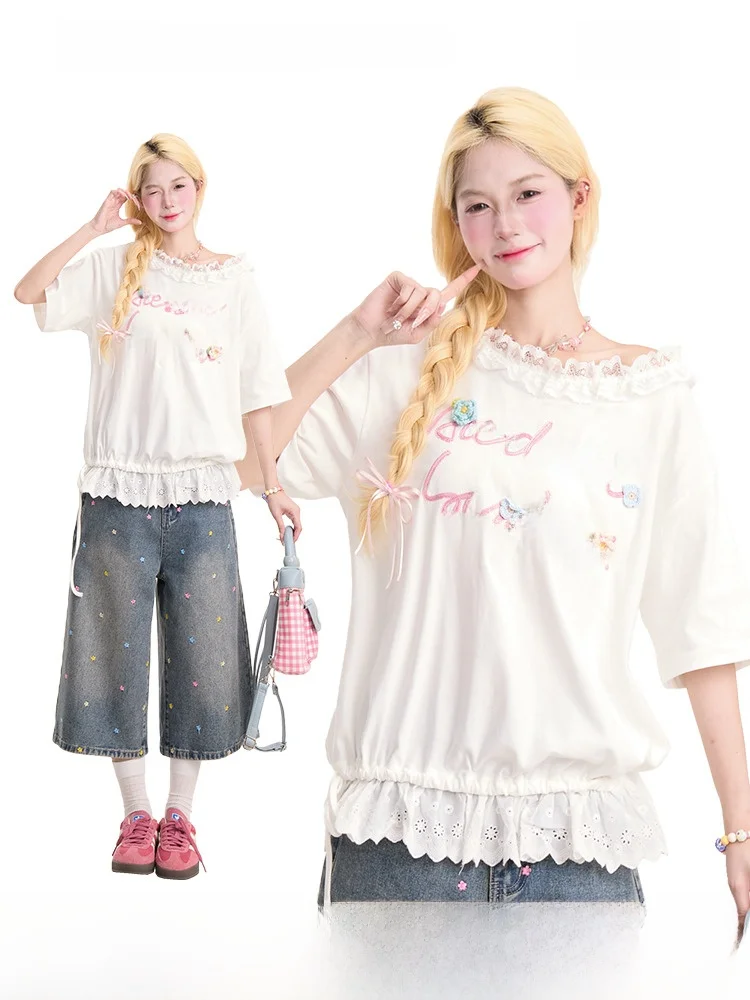 

Свободная женская футболка Sweet Design oulder Bared ort Sve Knot Cotton Polyester Blend Summer Top Neresum