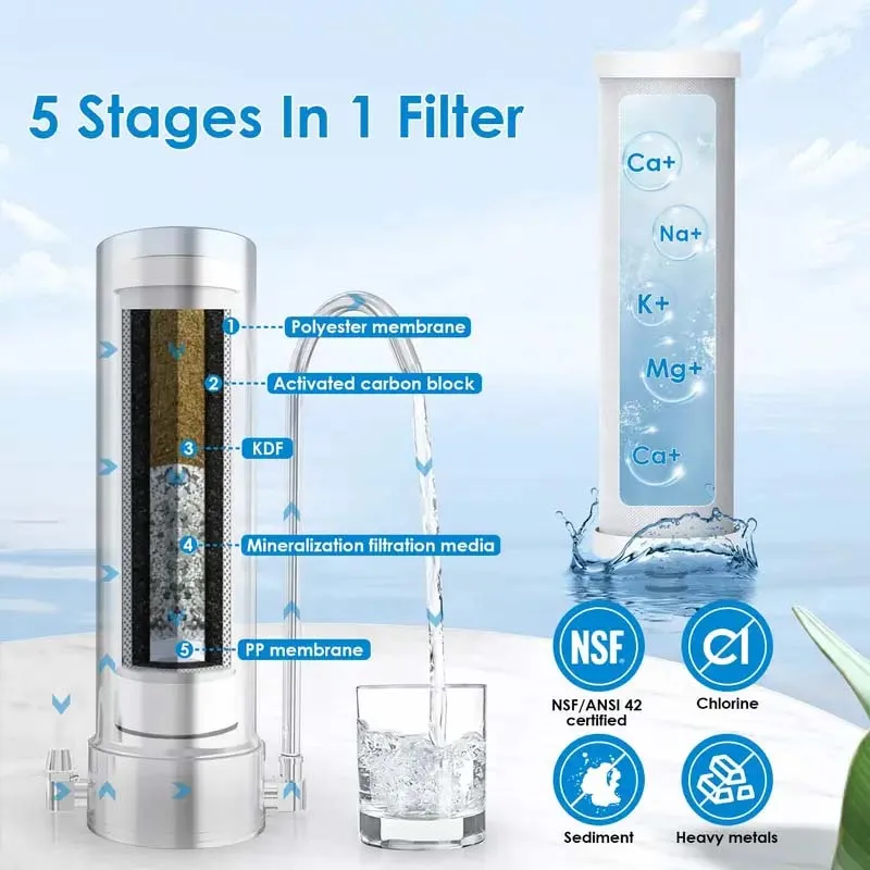 Stainless Steel Drinking Water Filter Purifier 5-Stage Filtration With Faucet Reduces Bacteria, Metal,Lead, Chlorine And Odor