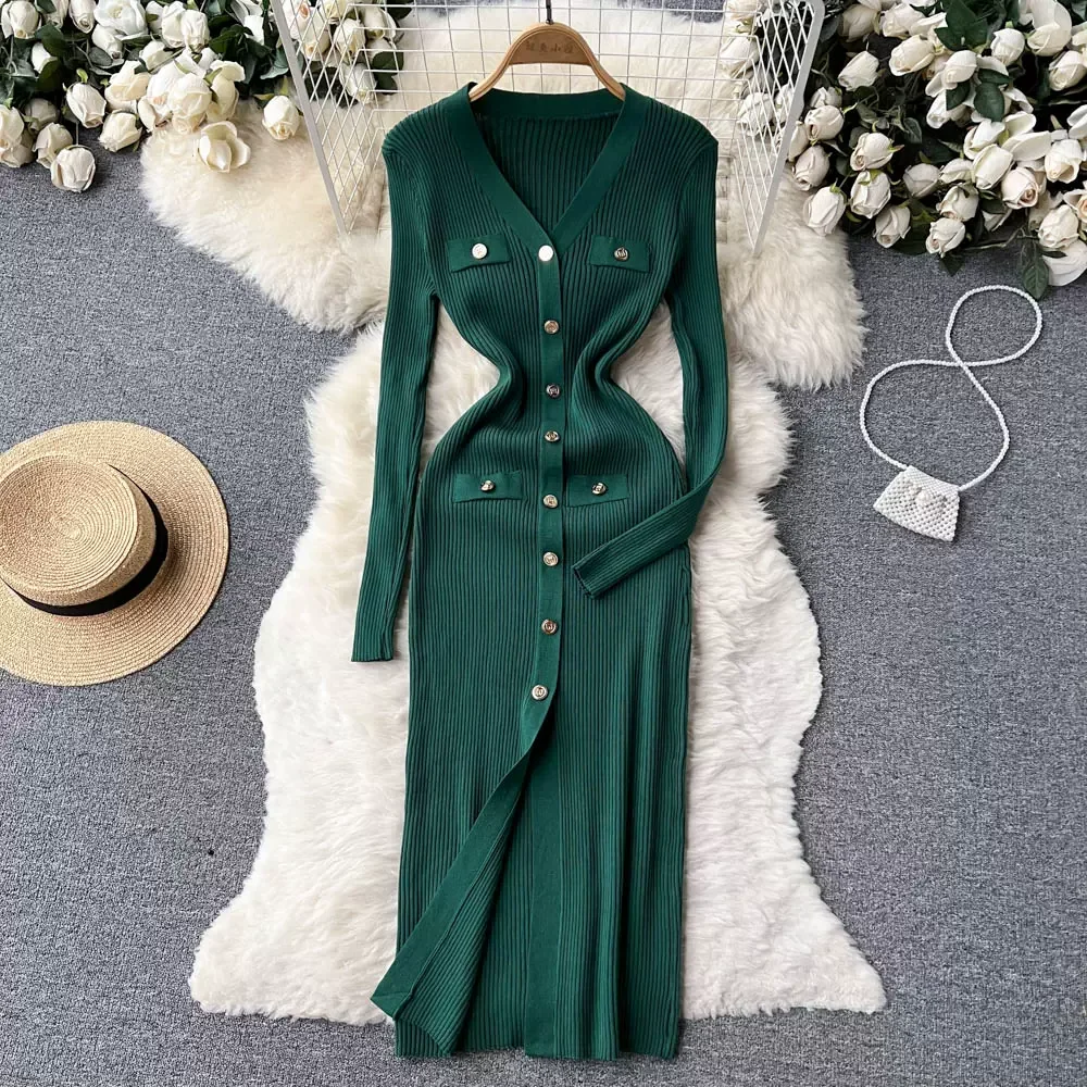 Herbst Winter schlankes Design Strickkleid V-Ausschnitt einreihig eine Linie geteilt Midi-Kleid Langarm Frauen Pullover langes Kleid