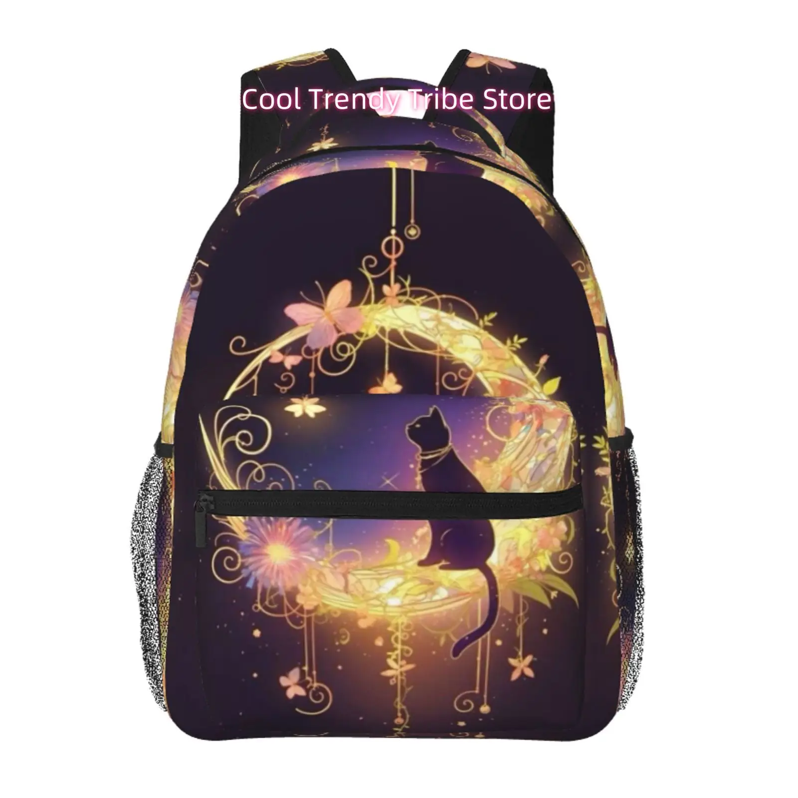 Glowing Crescent Moon & Black Cat Print Backpack - High Quality Oxford Cloth with Adjustable Straps, Lightweight Suitable for Tr