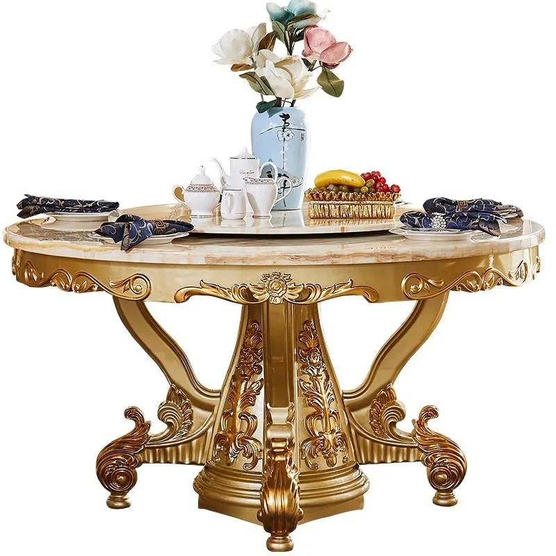 European dining tab le marble round t able full solid wood carving flower home din ing table hotel hot pot t able