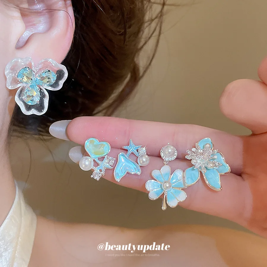 Ocean Dream Mermaid Tail Shell Stud Earrings Set Pale Blue Clover Flower Heart Pendant Ear Jewelry Beach Vacation Party