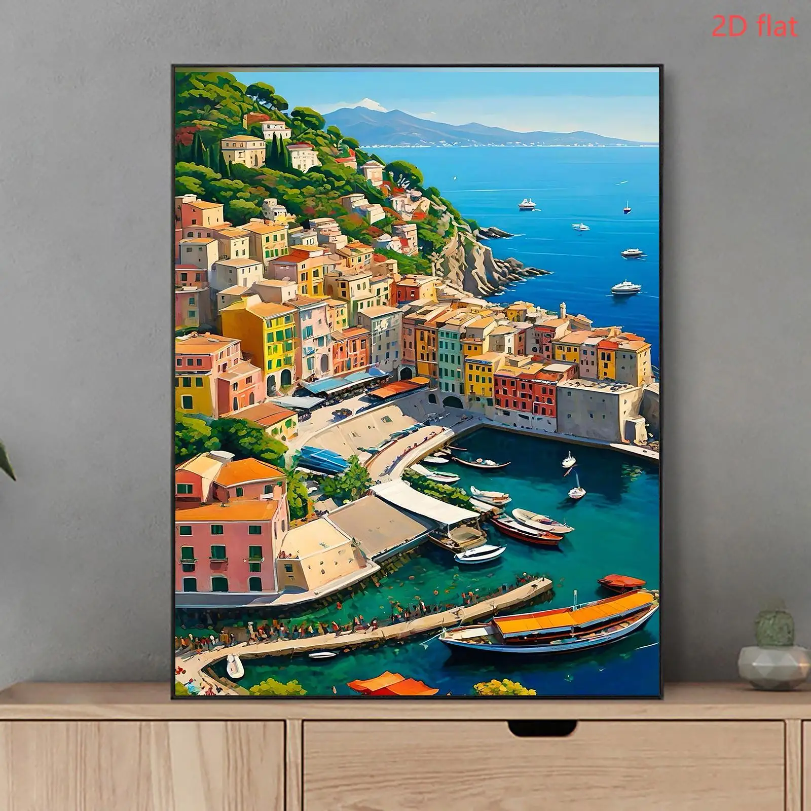 Professional Art Use: A Frameless Adult DIY Digital Oil Painting Kit Featuring a Colorful Mediterranean-style Small Town Harbor