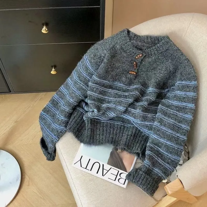 Loose Round Neck Knitted Sweater Women's Autumn Winter Lazy Style Soft Cozy Pullover Coat Knitting Yarn Striped Button Detail