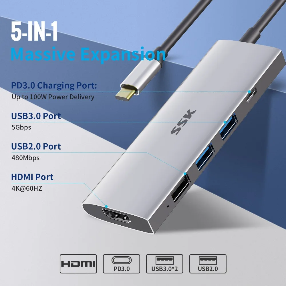 SSK USB C 허브 멀티 포트 어댑터, 맥북 아이패드 프로 에어 PC 액세서리용, USB C-HDMI USB 3.0, 100W PD 어댑터, 4K, 60Hz