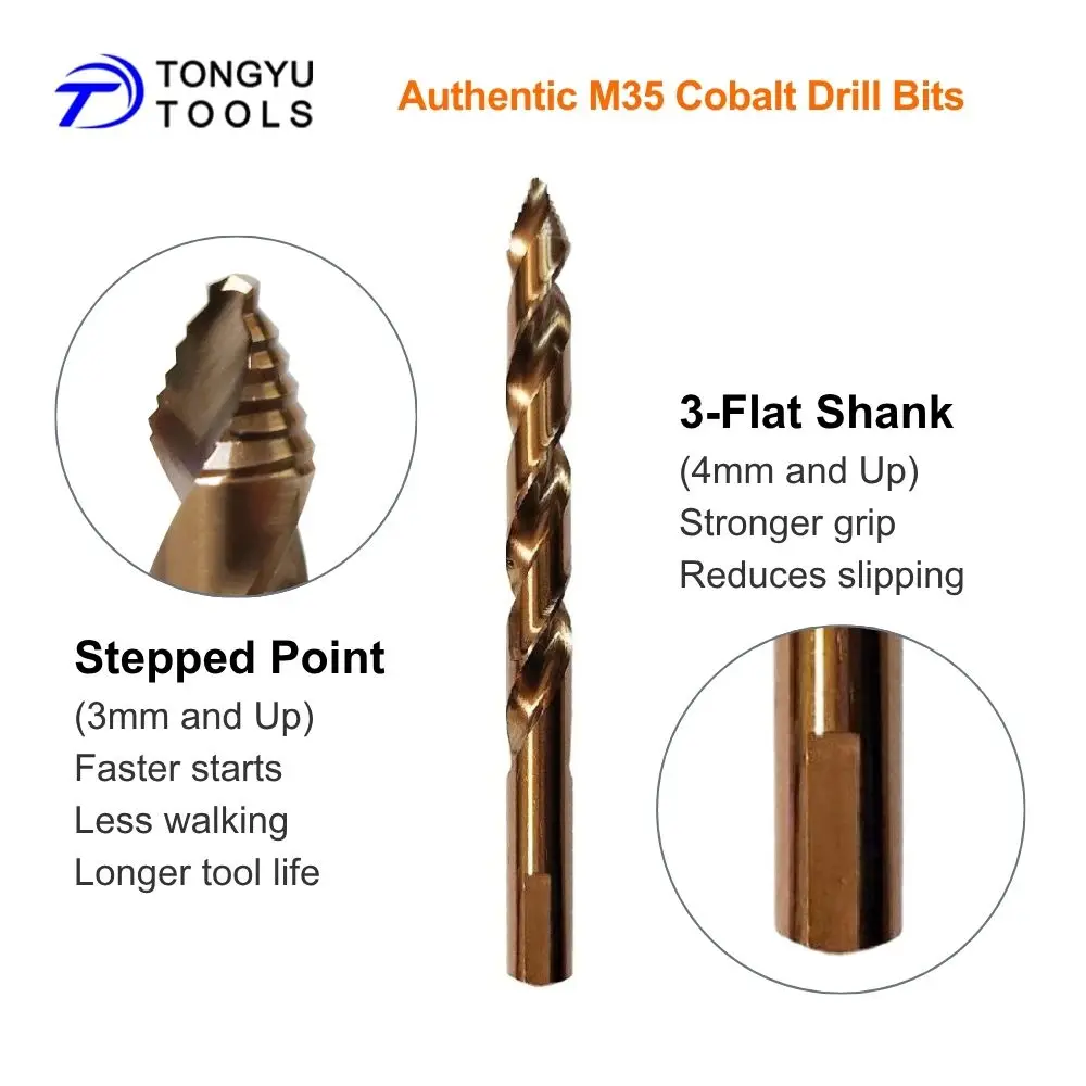 M35 Kobalt HSS Co5% Bohrer DIN338 Metrisch 1-13mm Jobber Spiralbohrer für Edelstahl und Hartmetalle, Stufenförmiger Spitze, 3-Flach-Schaft – Detail 4