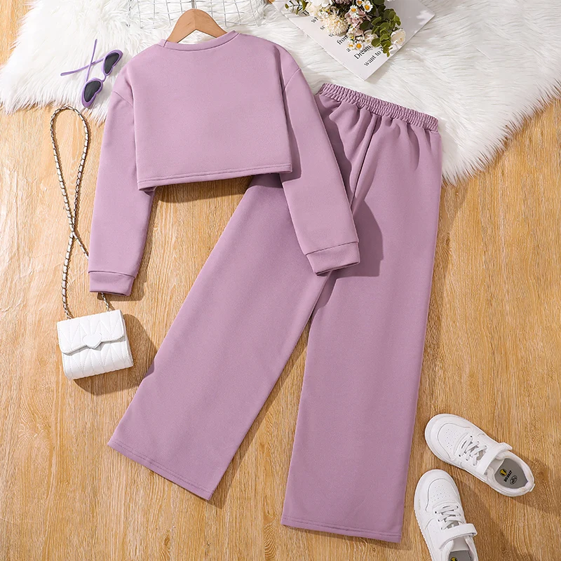 2PCS Spring and Autumn Girls Children\'s Simple Solid Color Polyester Hoodless Sweatshirt + Casual Loose Straight Leg Pants 8-12Y