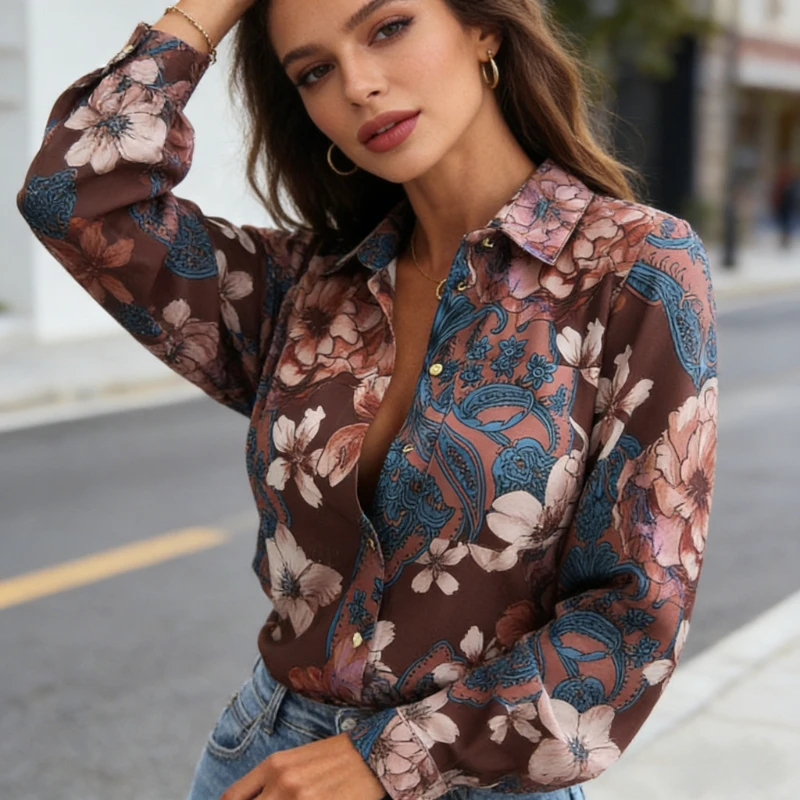 

Spring Autumn Vintage Multi-color Printed Long Sleeved Office Shirt Loose Casual Leopard Print Blouse Lapel Simple Elegant Tops