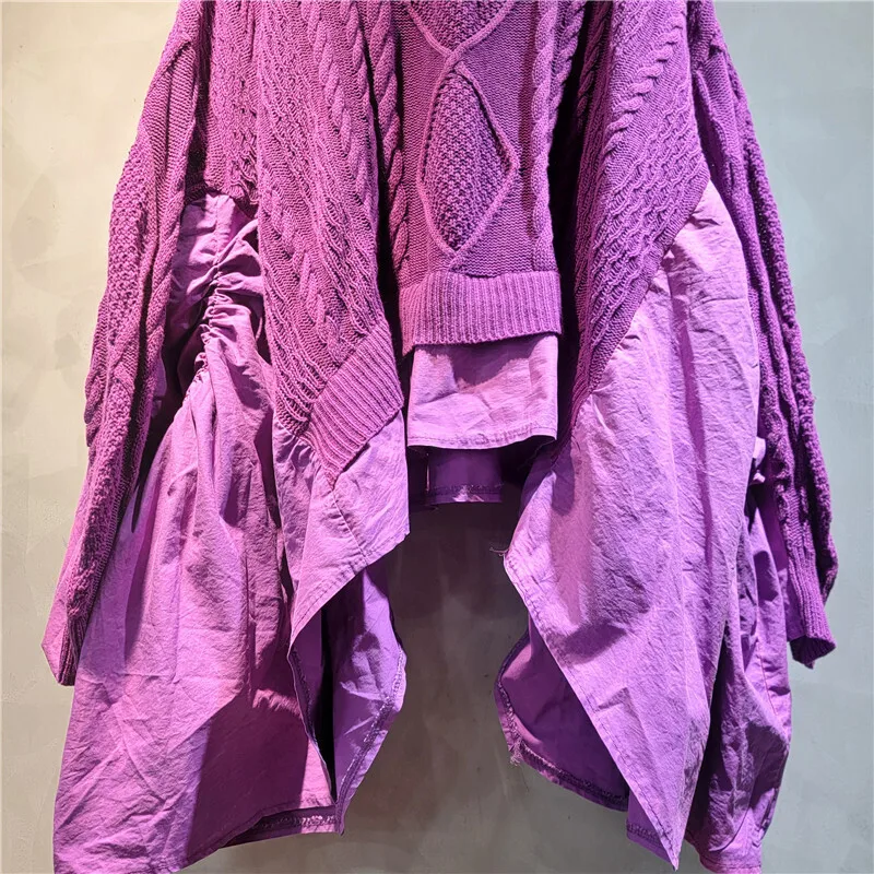 [EWQ] Patchwork Irregular Ruffles Batwing Sleeve Sweater V-neck Loose Women Purple Pullover Tops 2024 Autumn New Fashion 16O2314