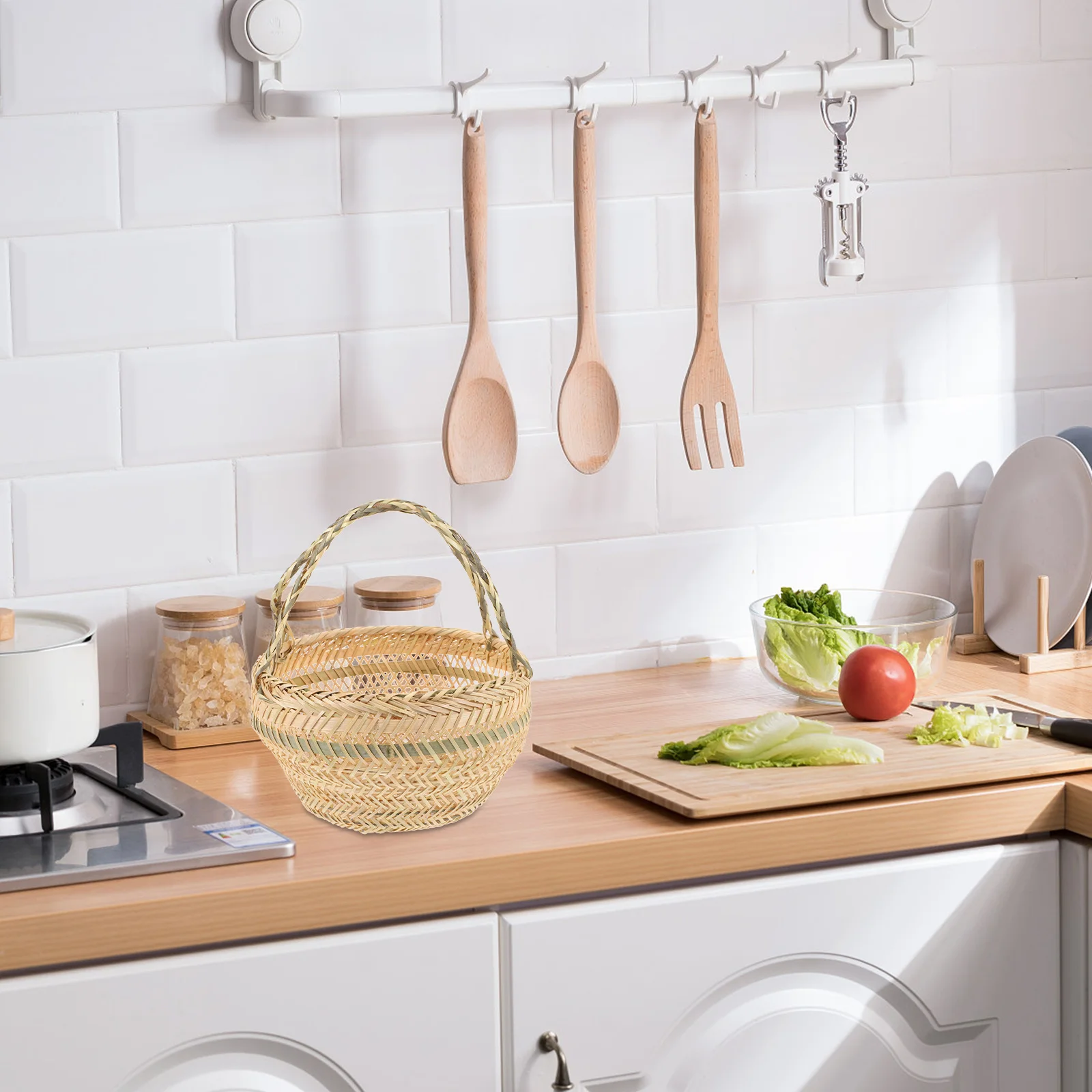 

Handwoven Bamboo Picnic Storage Holder Basket Food Vegetable Fruit Container Portable Creative Handle Bag