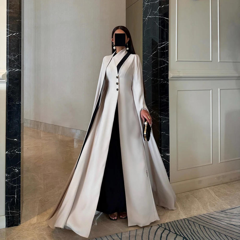 

Customized Irregular Neckline Jersey A-line Evening Dress Full Sleeves Contrast Color Button Party Dress Ankle Length Prom Gown