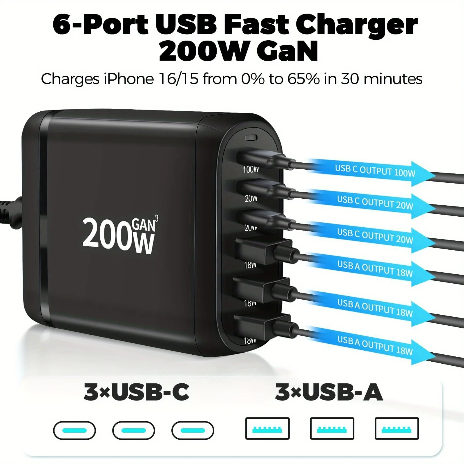 200W GaN USB C LED Indicator Charger Station for Cellphones 6 Ports 3C3A High Power Fast Charging for iPhone, MacBook, Etc