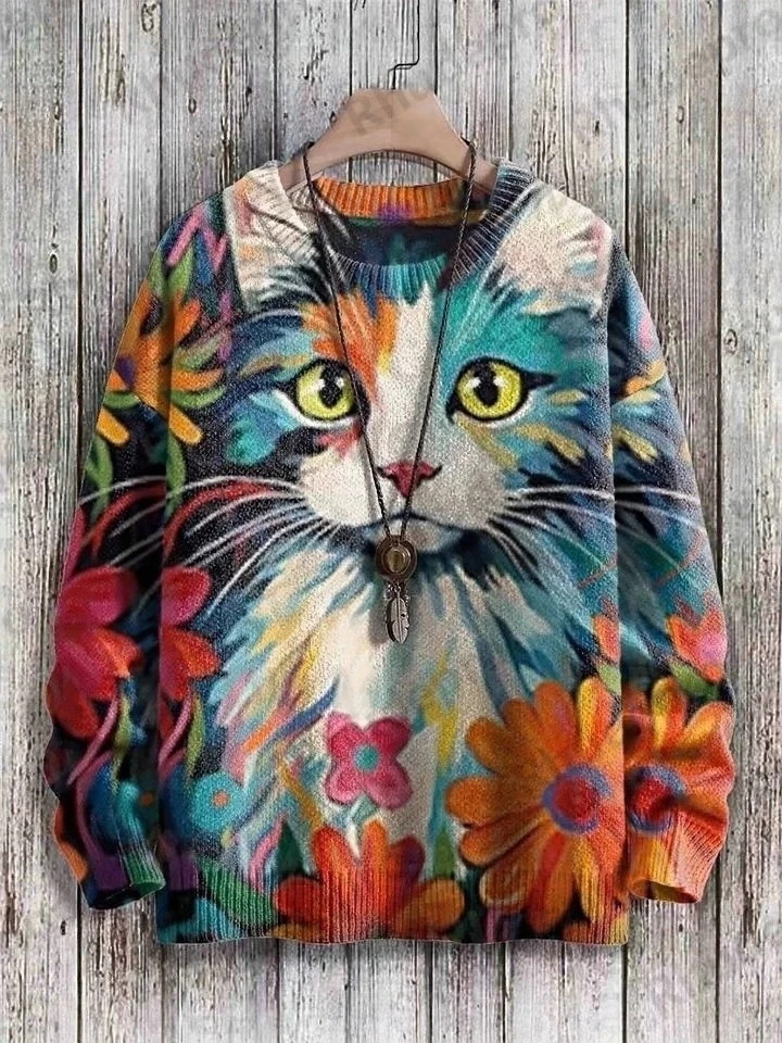 Halloween Cat Multicolor Print Casual Knit Pullover Sweater Men's For Women's Pullover Turtleneck sweater