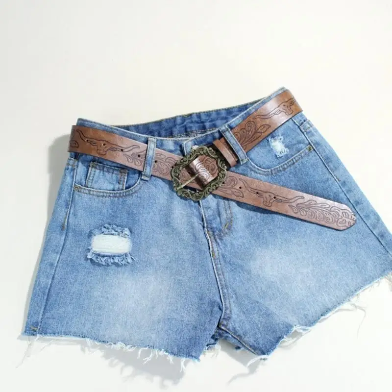 

A52E Carved Buckle Belt for Jeans Pants Embossed Ethnic Flower Pattern Waist Belt Western Styles PU Belt Unisex Waist Strap