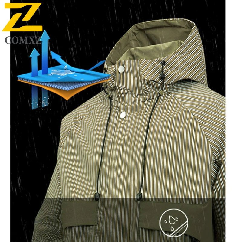 2025 High-end Brand Jacket Mens Autumn Club Waterproof Striped Hooded Work Windbreaker Outdoor Travel Sports Windproof Outerwear