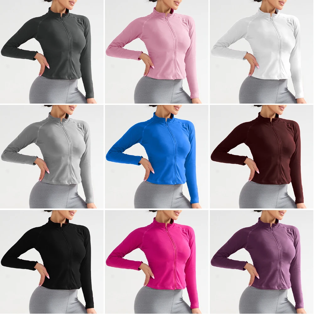 Women's Long Zipper Coat Fitness Stand-Up Collar Zipper Jacket Quick-Drying Sports Top High elasticity Tight-Fitting Yoga Top
