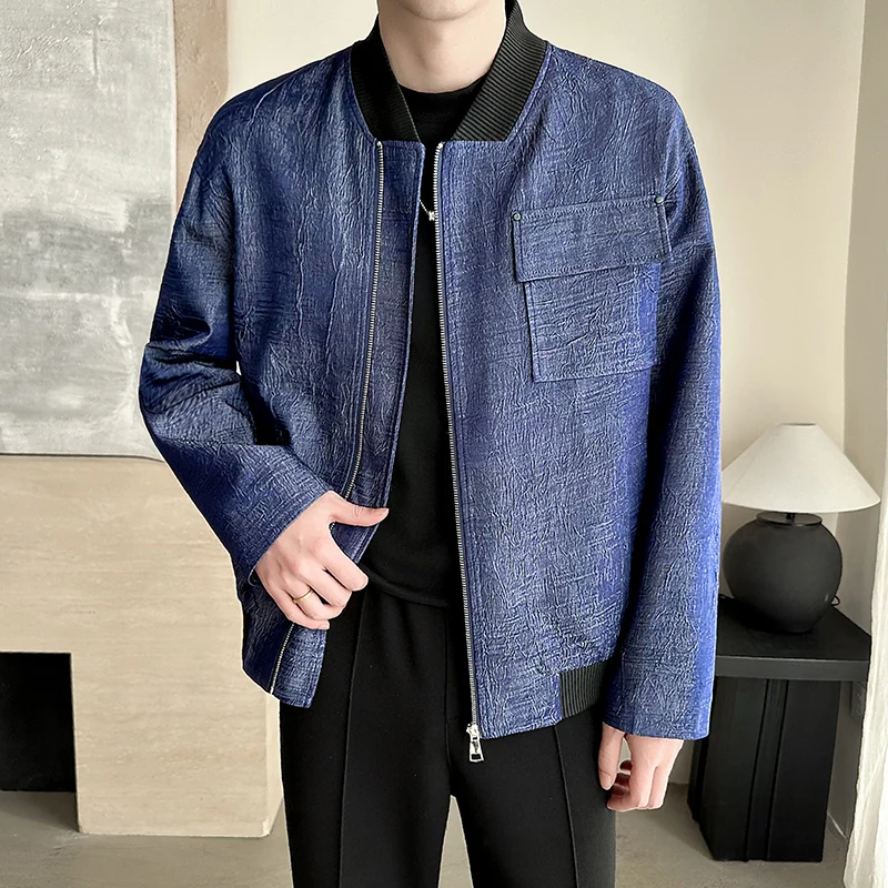 

Autumn Baseball Collar Jacket: Faux-Denim Texture W/ Ribbed Trim & Retro Zipper Details (Deep Indigo)