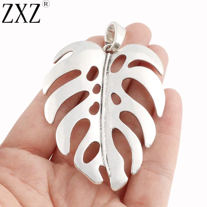 ZXZ 2pcs Tibetan Silver Large Leaf Charms Pendants for Necklace Jewelry Making Findings 80x53mm