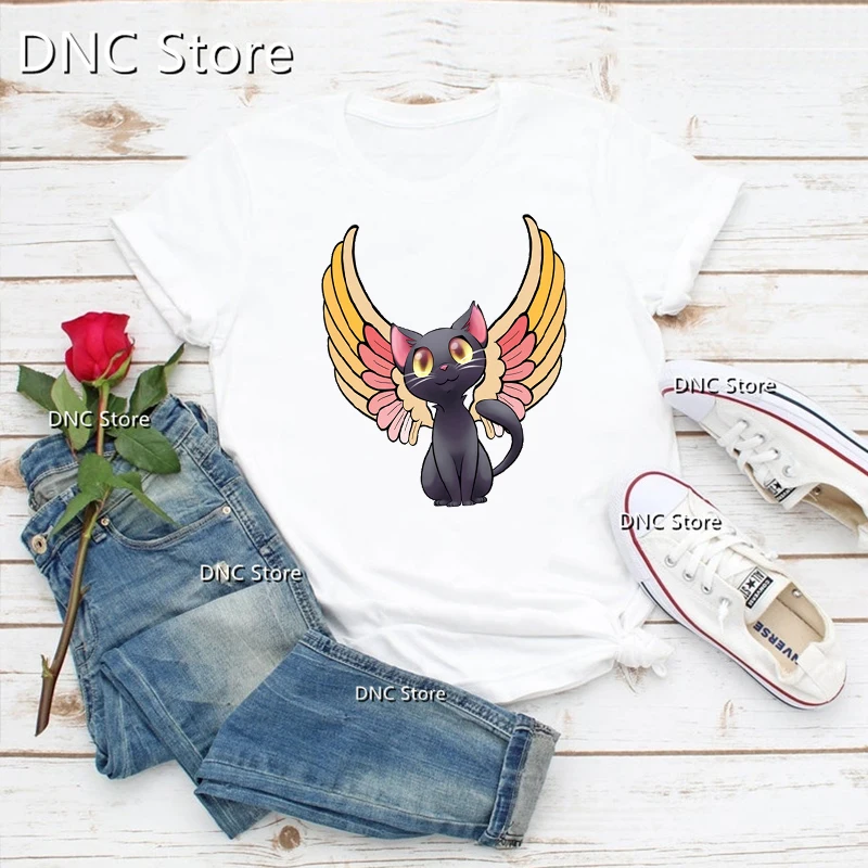 

Fashion Steampunk Black Cat With Clock And Wings Cartoon Printed Women'S T-Shirts 90s Girls Tshirts Summer T-Shirts femme tops