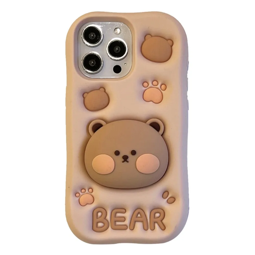 Cute 3D Cartoon Bear Paw Holder Grip Phone Case For iPhone16 15 14 13 12 11 Pro Max Lovely Silicone Soft Cover Camera Protection