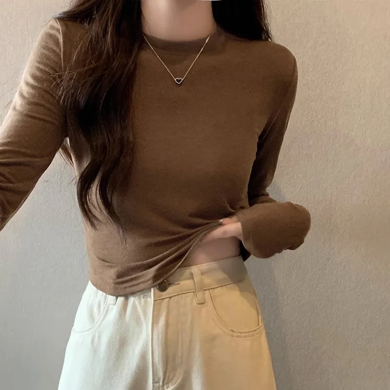 Long Sleeve Round Neck Elastic T-shirt Women's Early Autumn New Style nterior High Waist Short Bottom Top