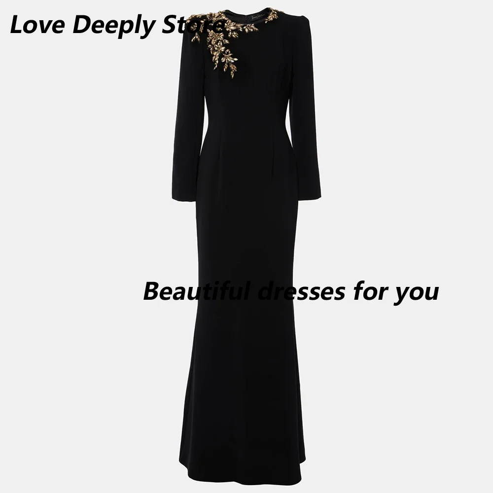Black Evening Dress Long Sleeves Crystals O Neck Luxury Party Gowns for Women Trumpet Elegant Wedding Party Dress Customized