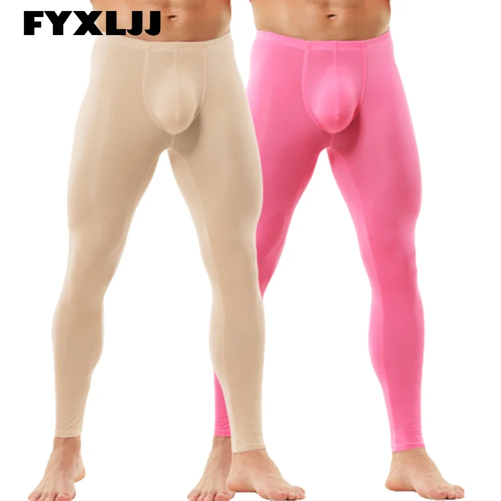 Yufeida-Sexy U Bolsa Masculina Long Johns Roupa Interior De Seda De Gelo, Bolsa De Pênis Ultra-Fina, Leggings De Fundo De Sono, Calça De Salão De Casa Pura