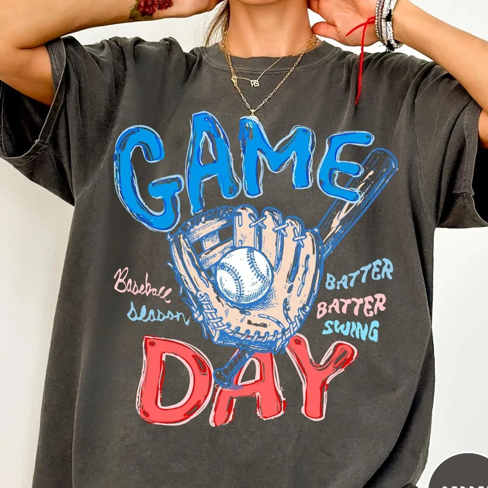 Baseball Game Day T-Shirt, Gameday Doodle Baseball Tee, Trendy Women's Baseball Shirt, Sports Mom Shirt, Game Day Tee Loose Fit